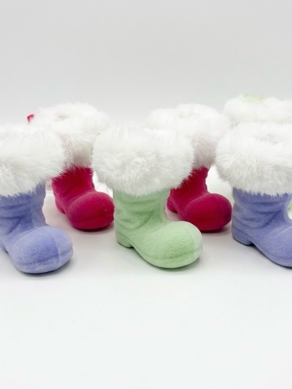 Two’s Company Fuzzy Santa Boot Ornaments Lot Of 6 NWT Multicolor Christmas
